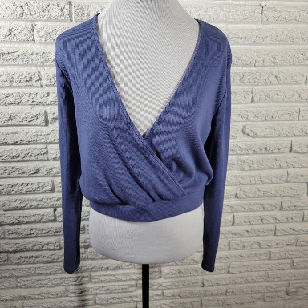 Forever 21 Women 0X Blue Sweater V Neck Cotton Blend Knit Long Sleeve BLU156E